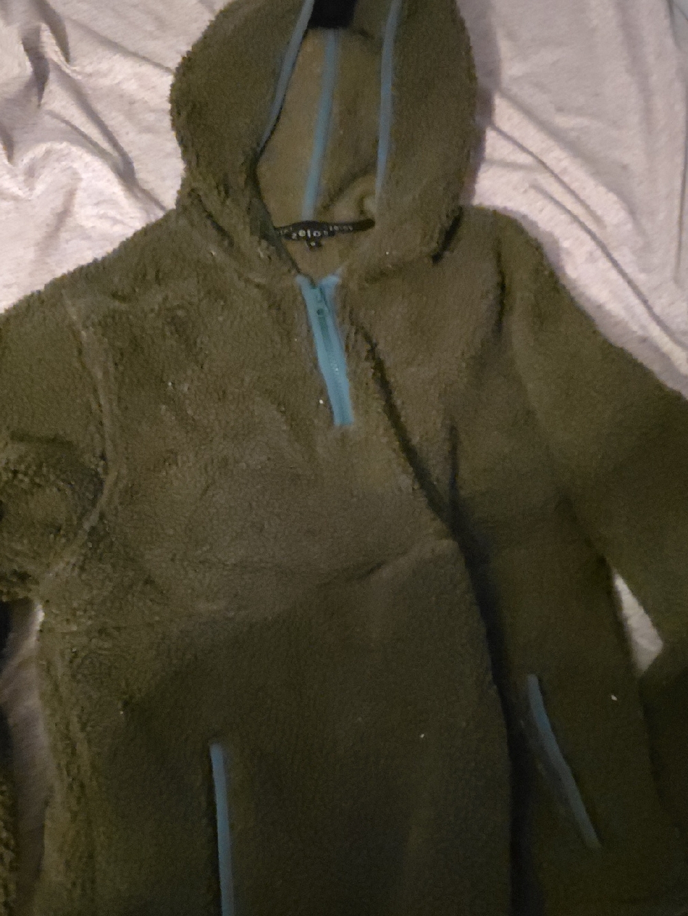 ZELOS Olive Green Sherpa Hoodie with Teal Trim